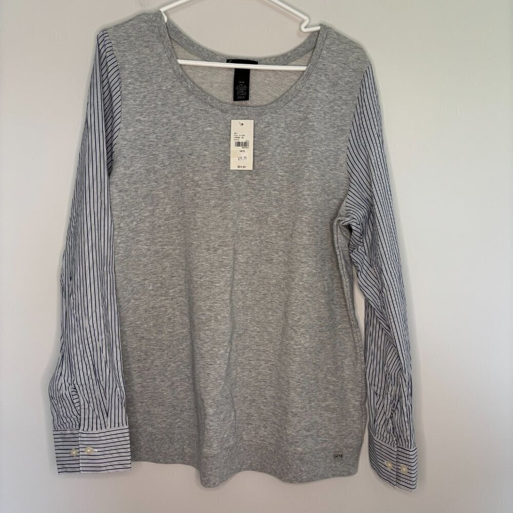 LANE BRYANT NEW Sweatshirt 14/16 Navy White Gray Stretch Shirt Arms Striped